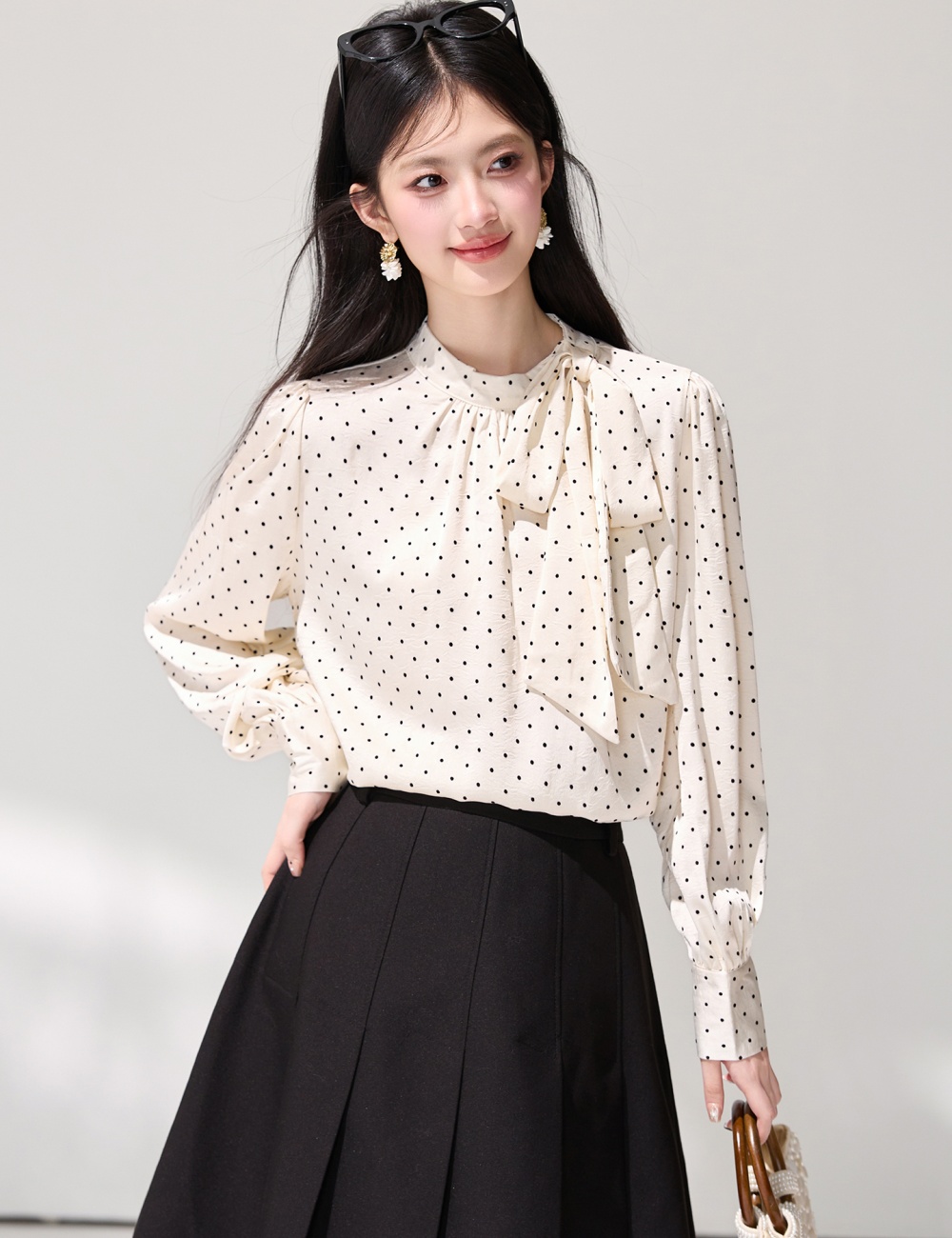 Satin long sleeve temperament bow cstand collar shirt