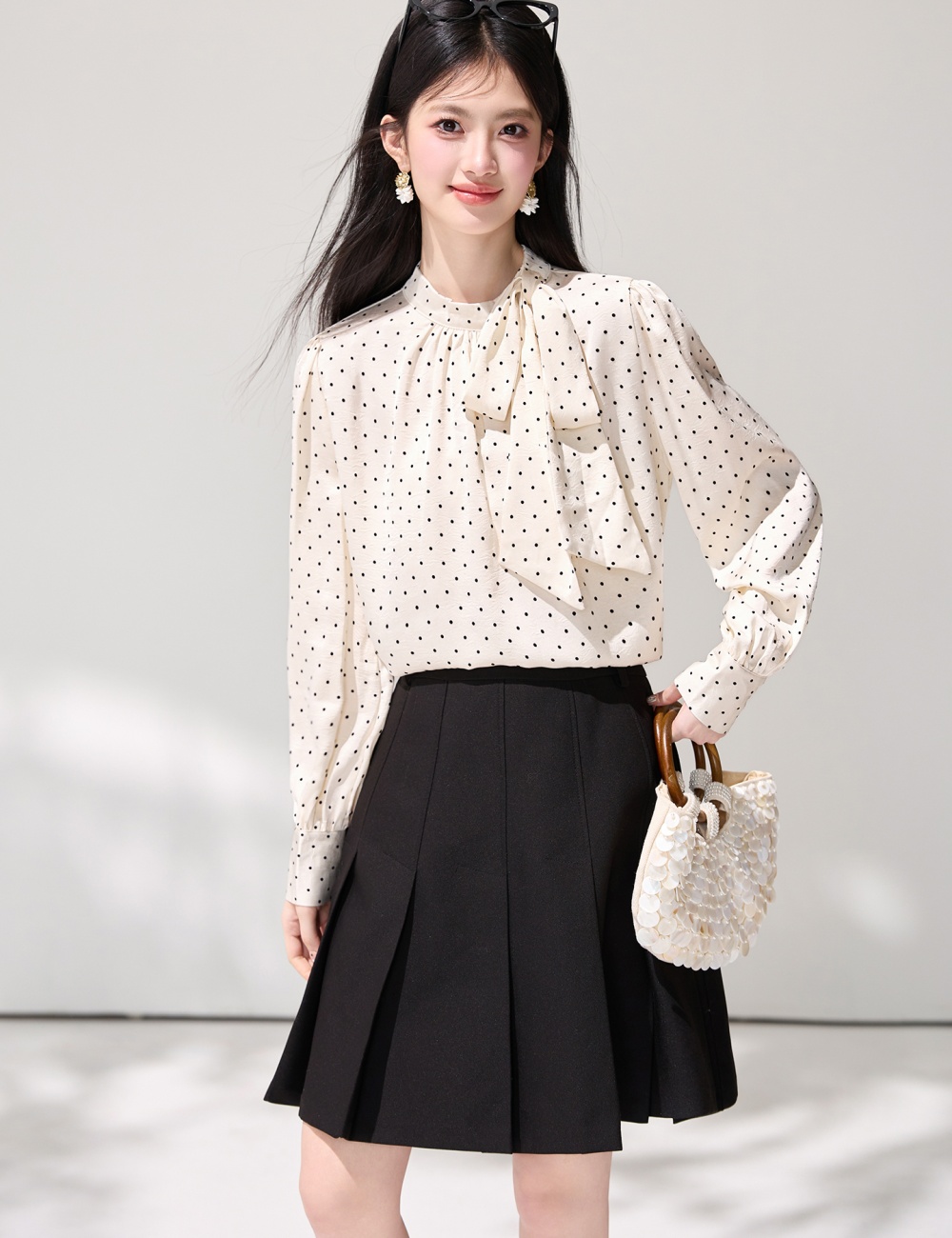 Satin long sleeve temperament bow cstand collar shirt