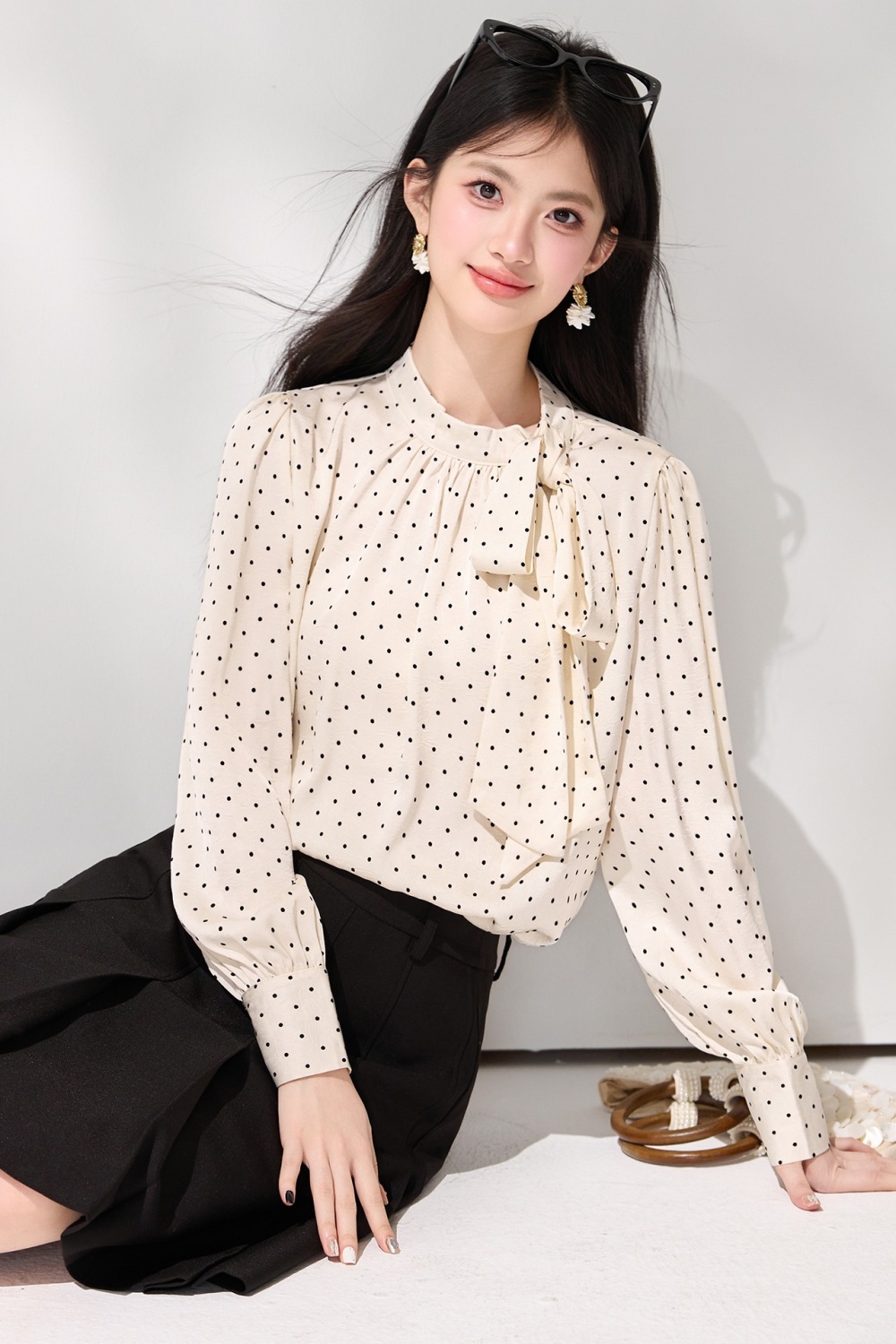 Satin long sleeve temperament bow cstand collar shirt