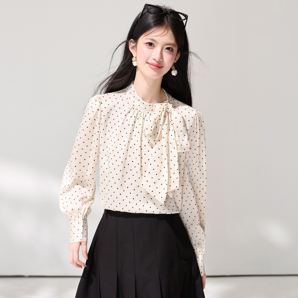 Satin long sleeve temperament bow cstand collar shirt