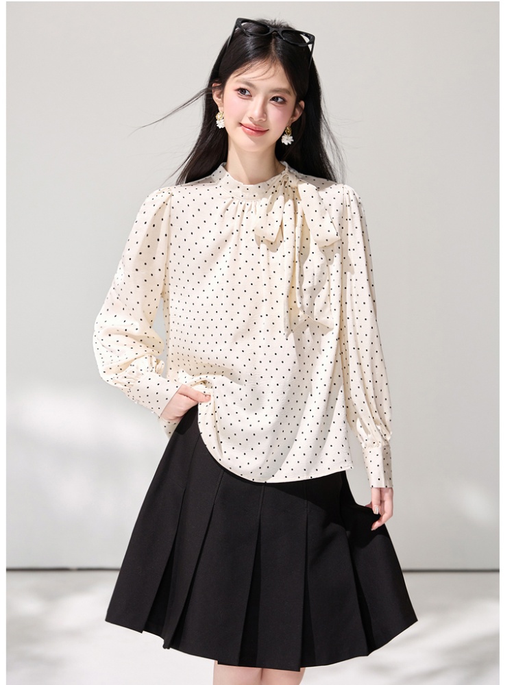 Satin long sleeve temperament bow cstand collar shirt