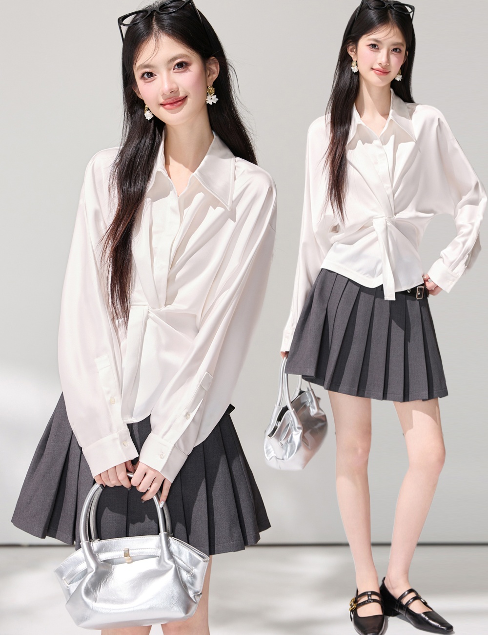 Lazy commuting satin shirt V-neck France style tops