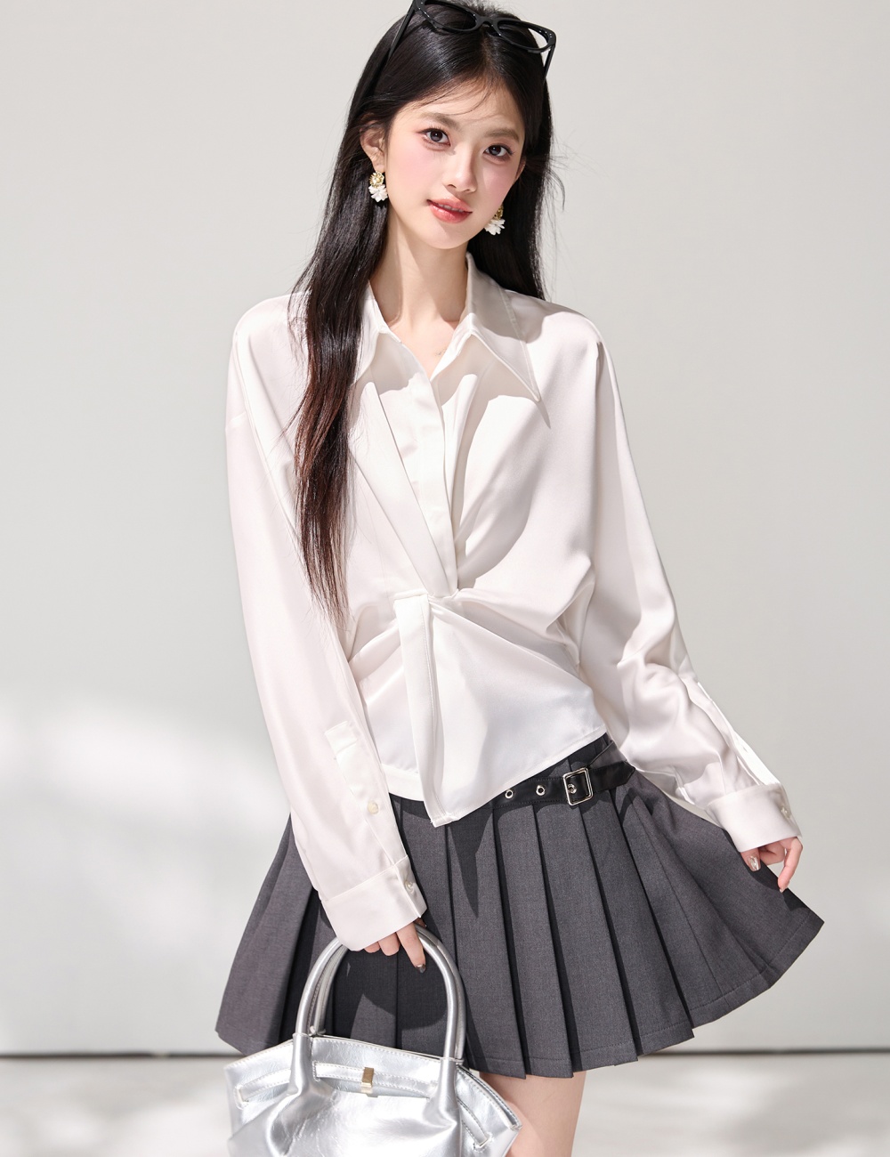Lazy commuting satin shirt V-neck France style tops