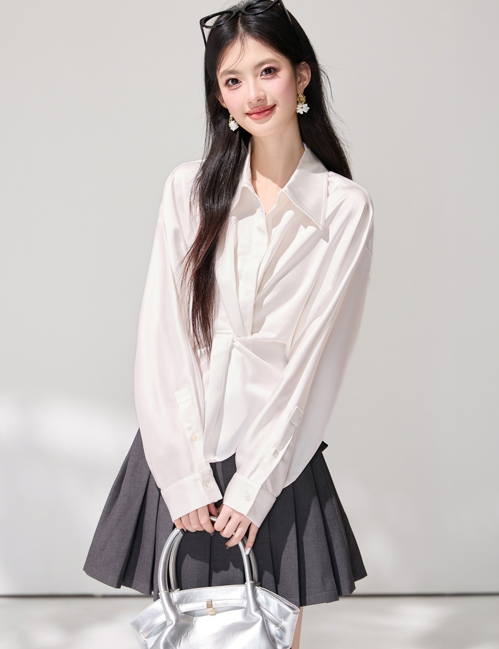 Lazy commuting satin shirt V-neck France style tops