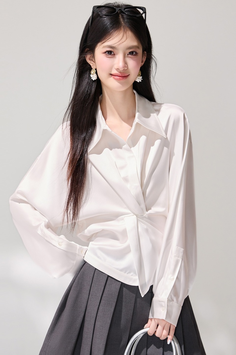Lazy commuting satin shirt V-neck France style tops