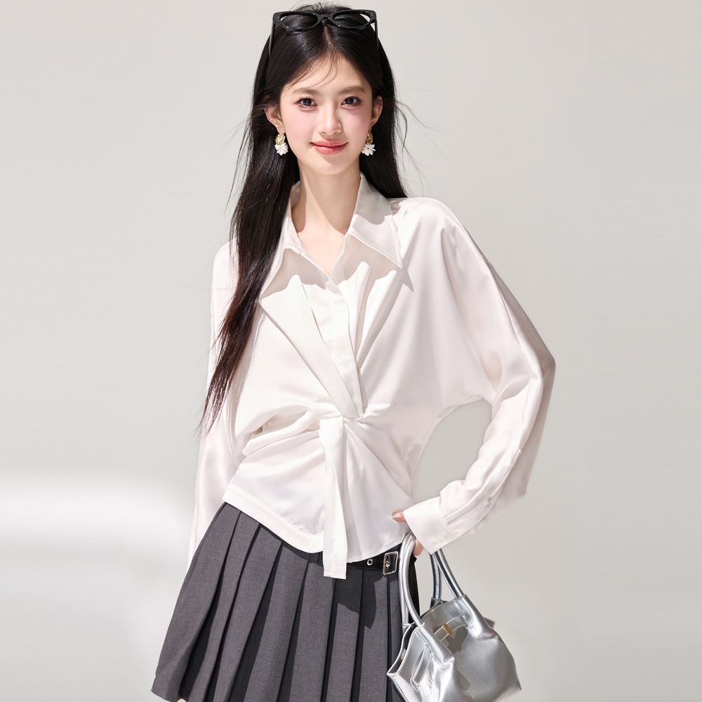 Lazy commuting satin shirt V-neck France style tops