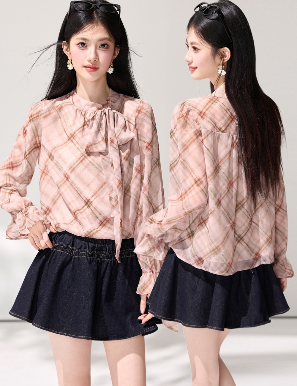 Lotus leaf edges slim tops plaid spring shirt
