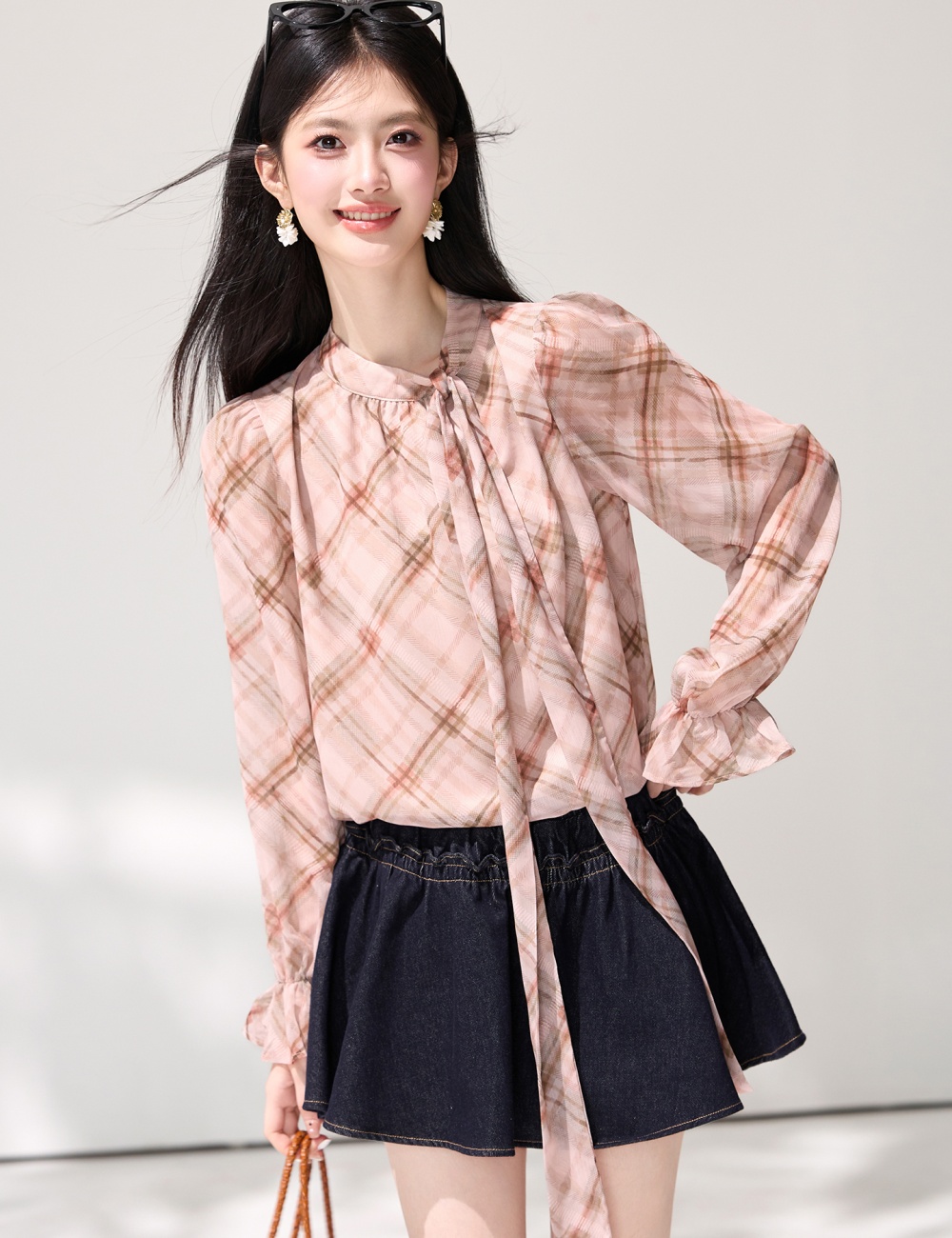 Lotus leaf edges slim tops plaid spring shirt
