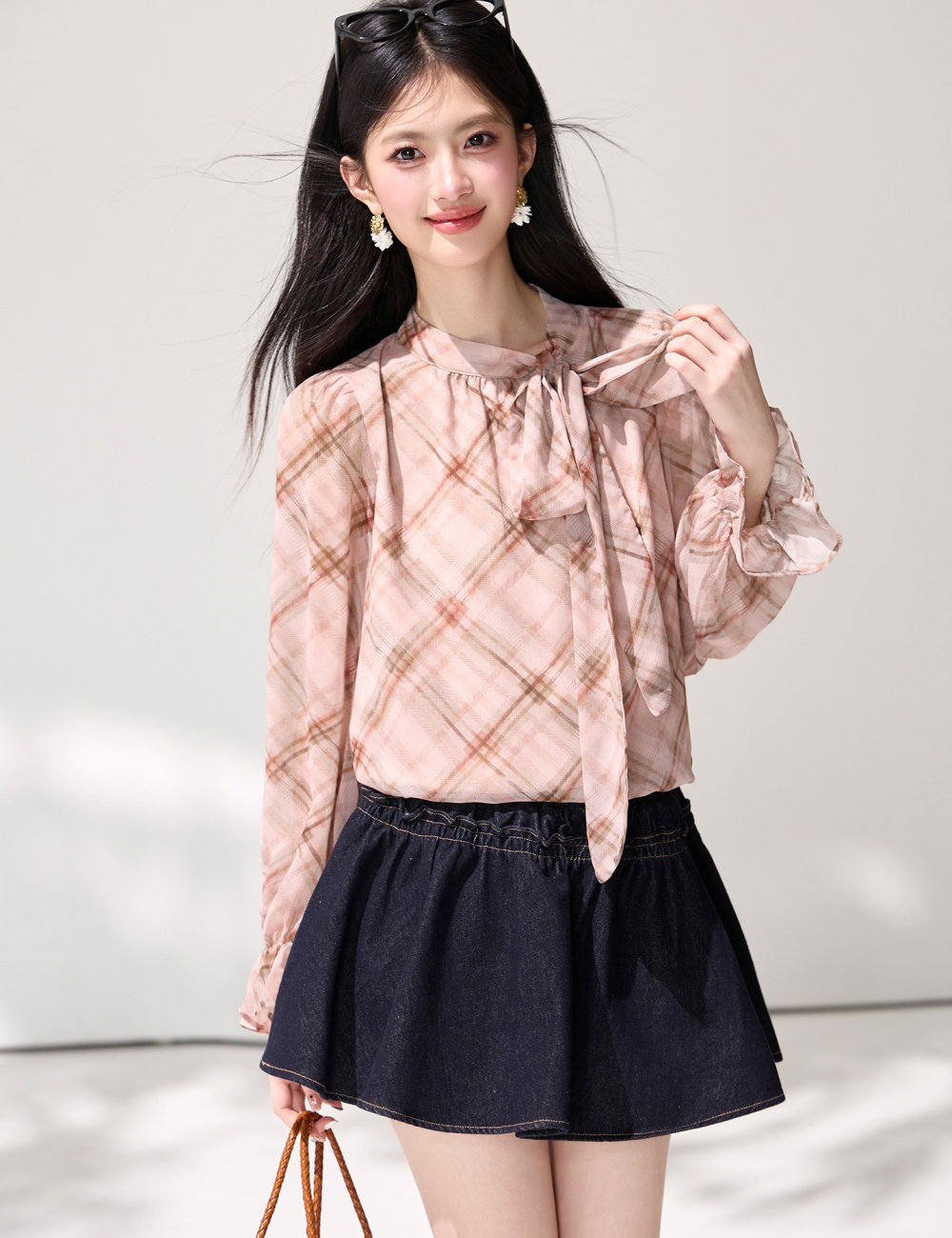 Lotus leaf edges slim tops plaid spring shirt