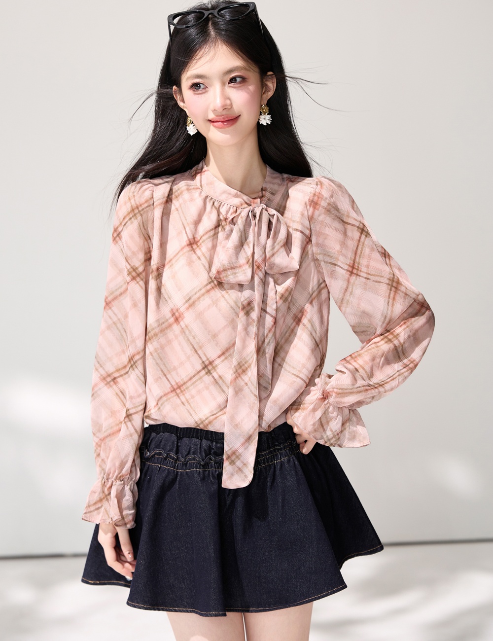 Lotus leaf edges slim tops plaid spring shirt