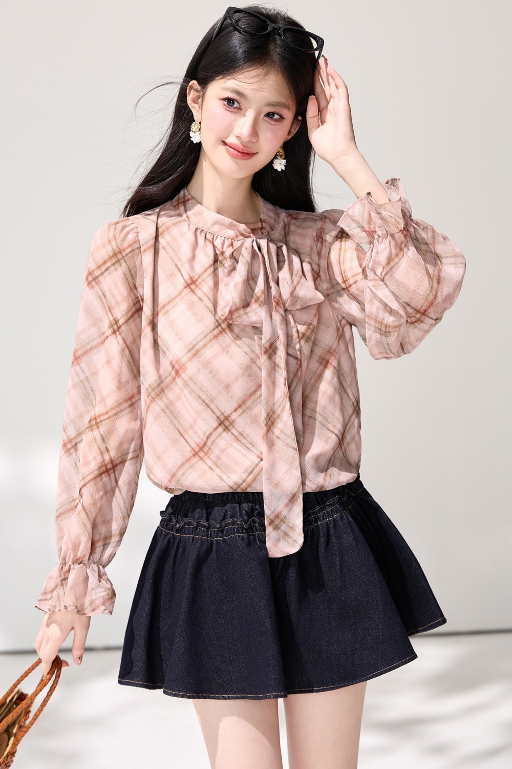 Lotus leaf edges slim tops plaid spring shirt