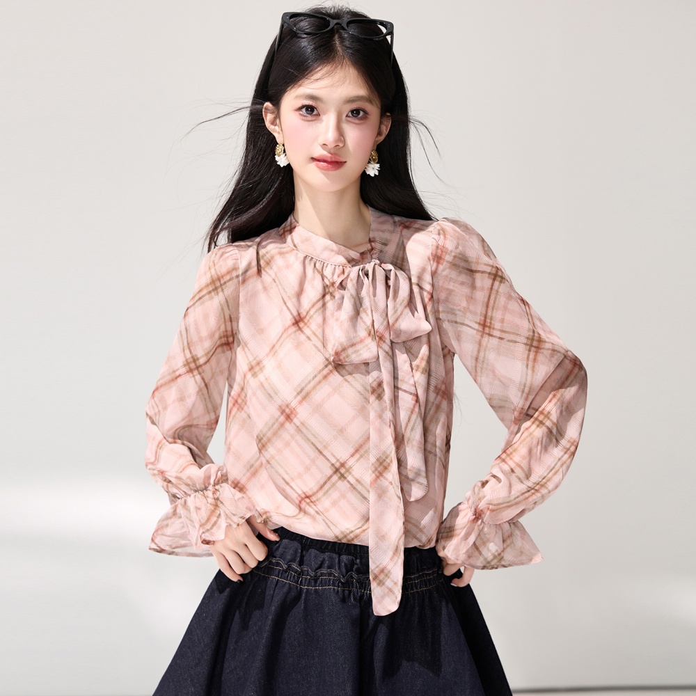 Lotus leaf edges slim tops plaid spring shirt