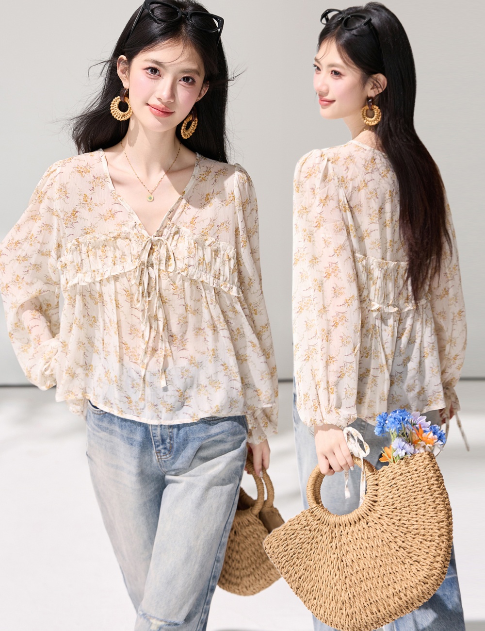 Floral spring shirt lantern sleeve chiffon shirt