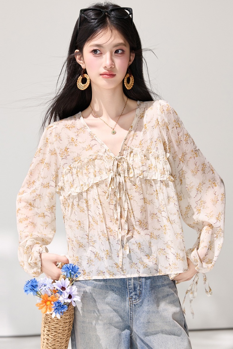 Floral spring shirt lantern sleeve chiffon shirt