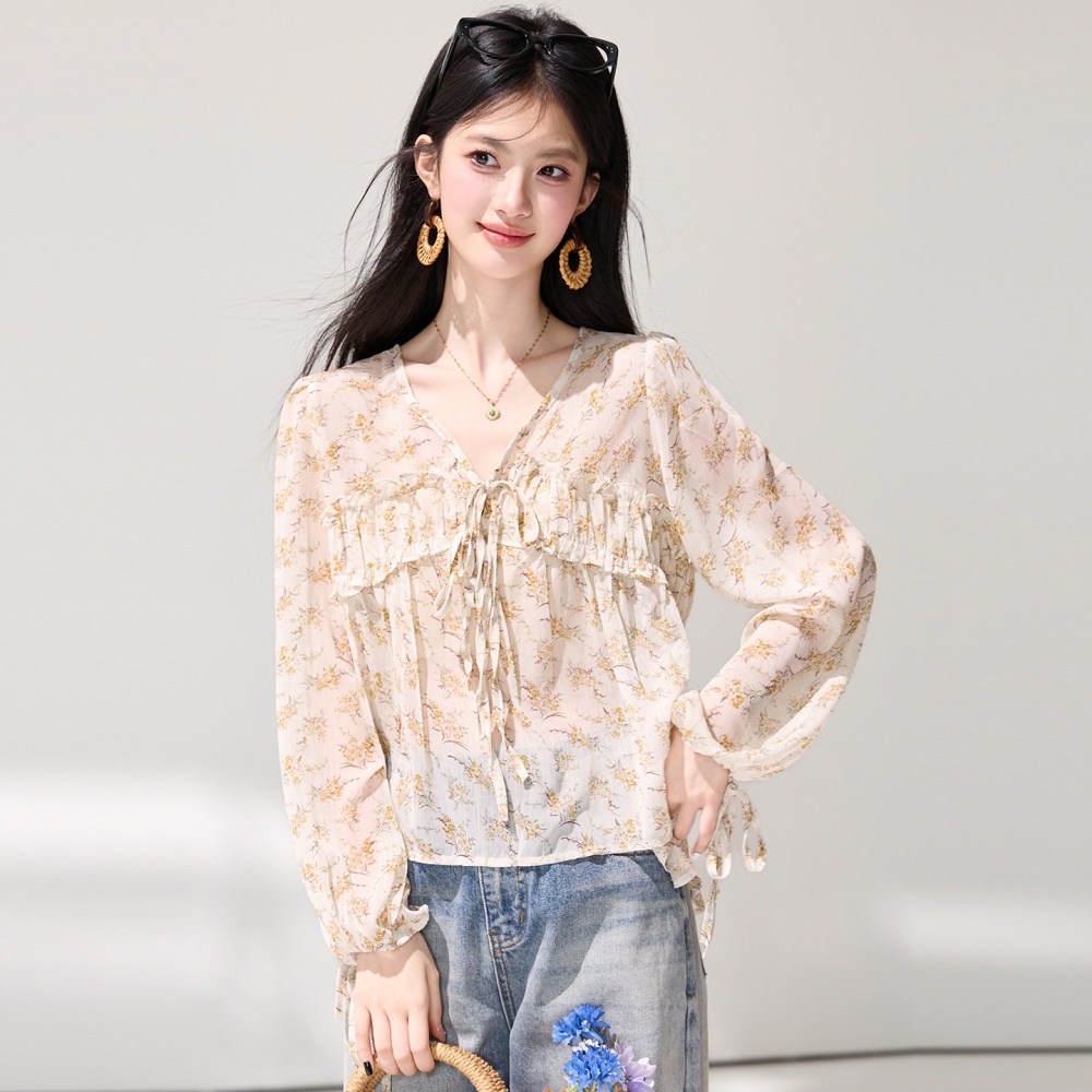 Floral spring shirt lantern sleeve chiffon shirt