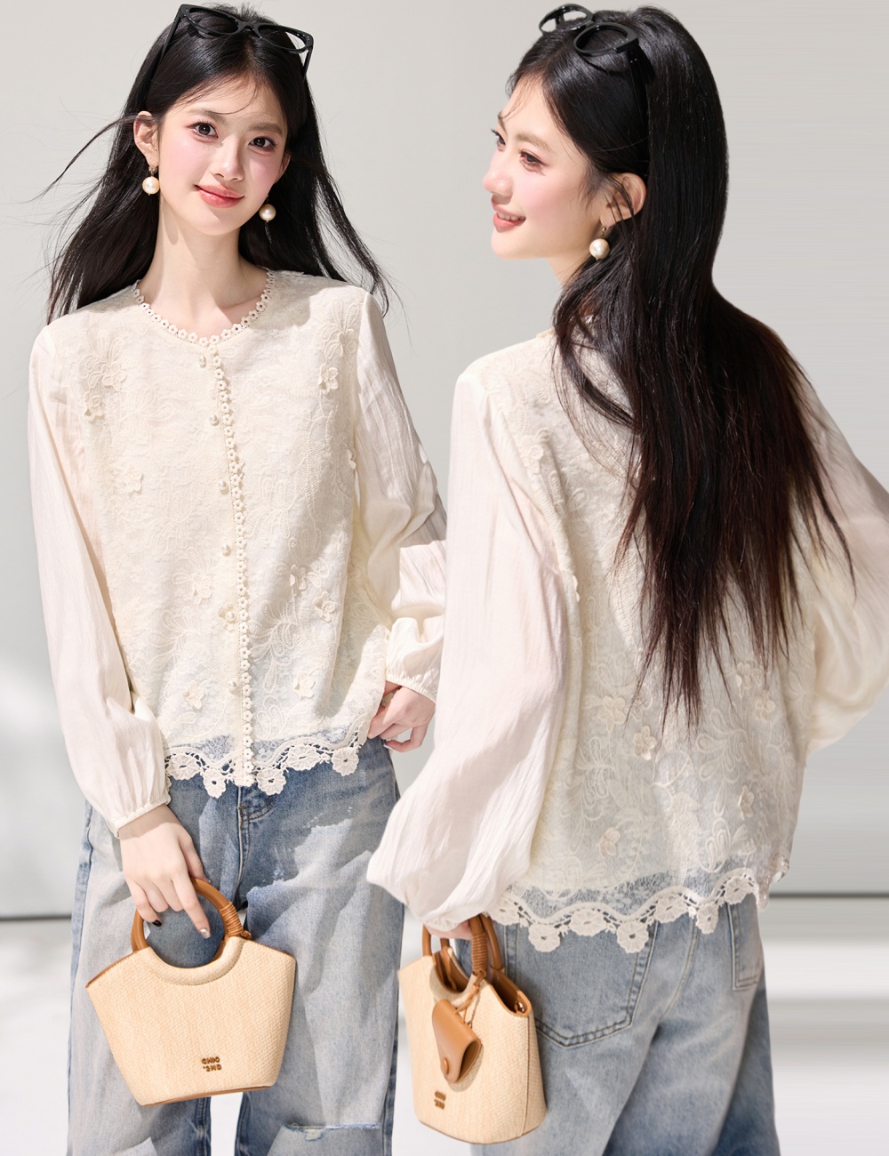 Long sleeve Western style shirt lace show young tops for women