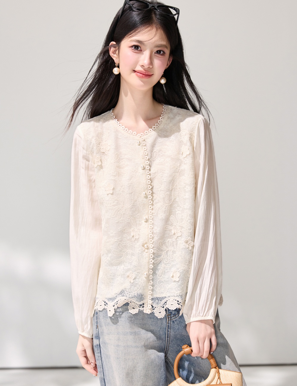 Long sleeve Western style shirt lace show young tops for women