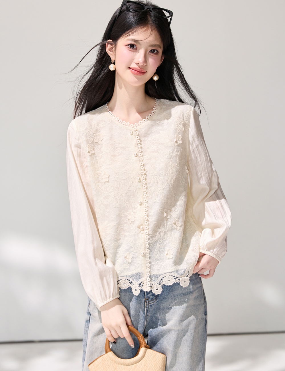 Long sleeve Western style shirt lace show young tops for women