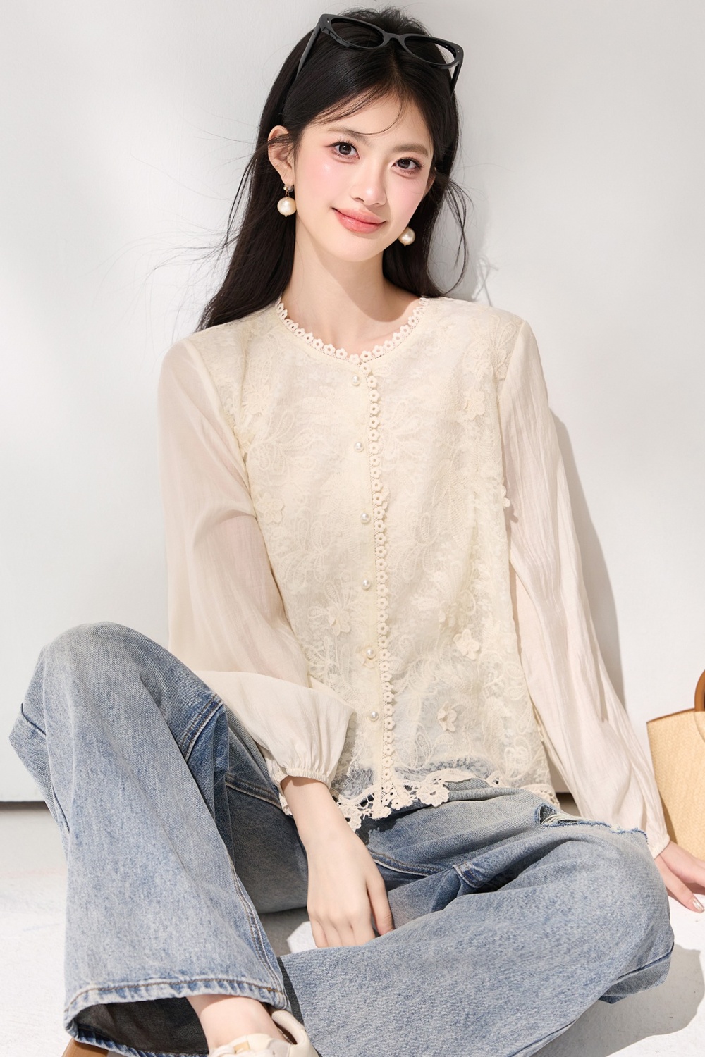 Long sleeve Western style shirt lace show young tops for women