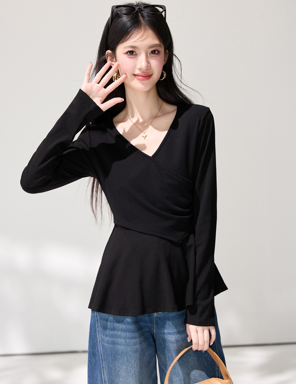 Slim pinched waist tops spring T-shirt for women