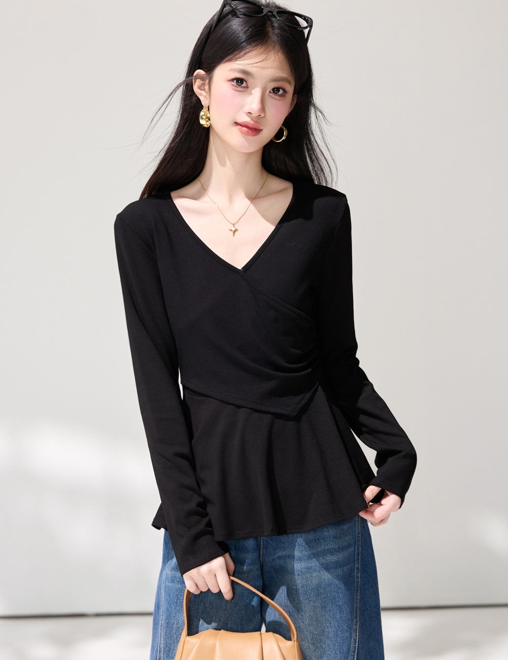 Slim pinched waist tops spring T-shirt for women