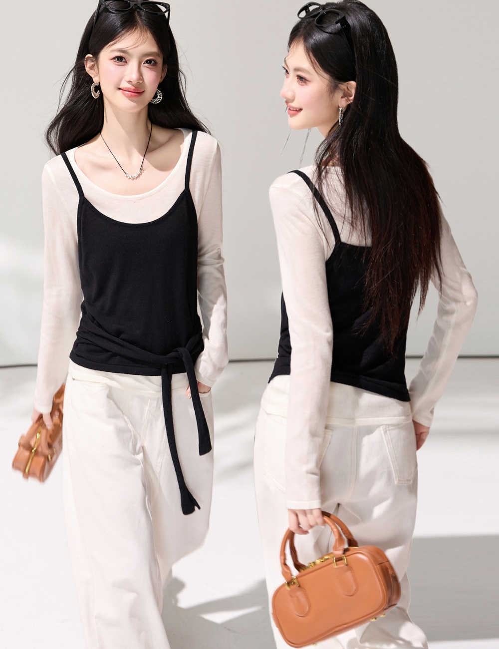 Lazy temperament T-shirt long sleeve spring tops 2pcs set