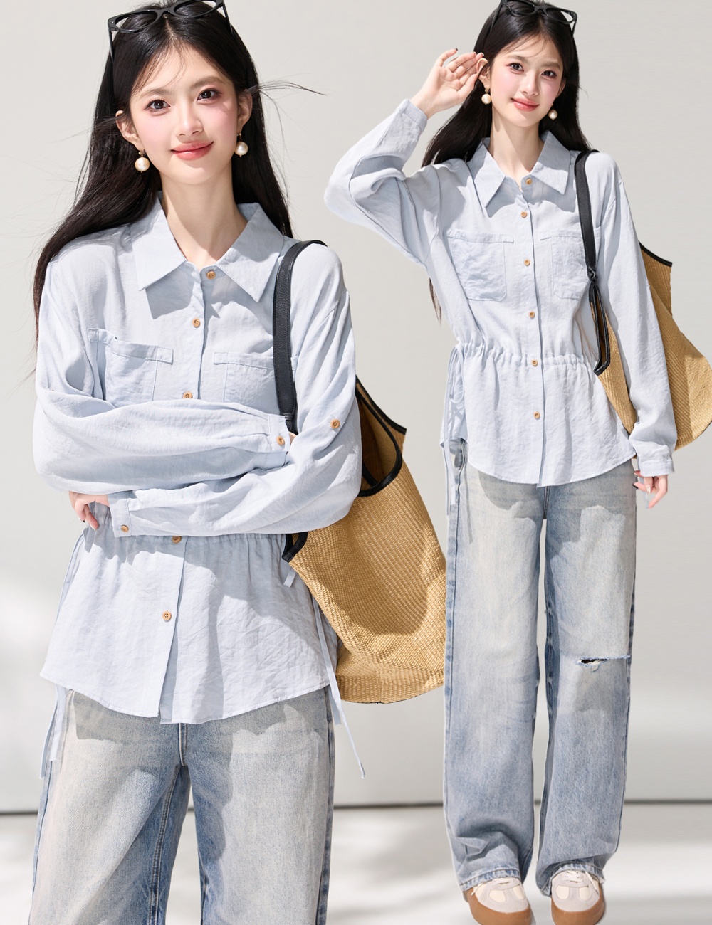 Long sleeve spring shirt temperament pinched waist tops