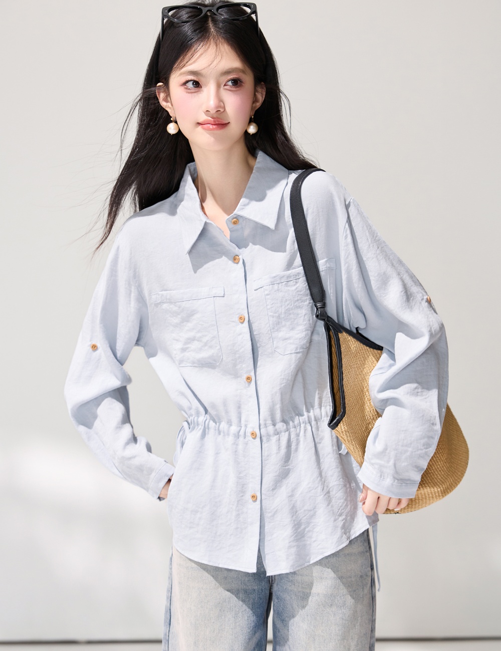 Long sleeve spring shirt temperament pinched waist tops