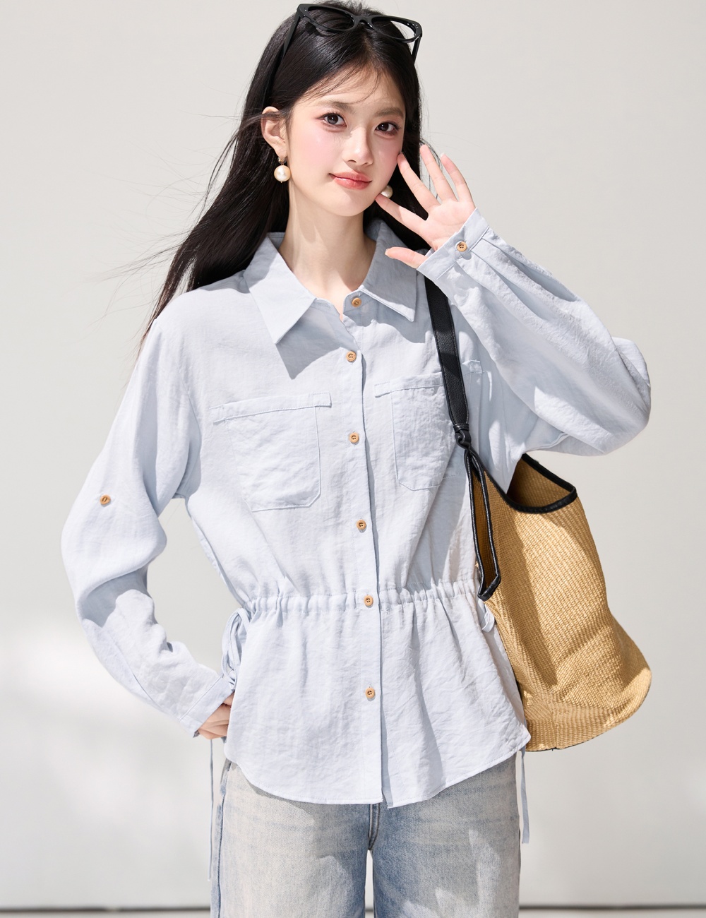 Long sleeve spring shirt temperament pinched waist tops
