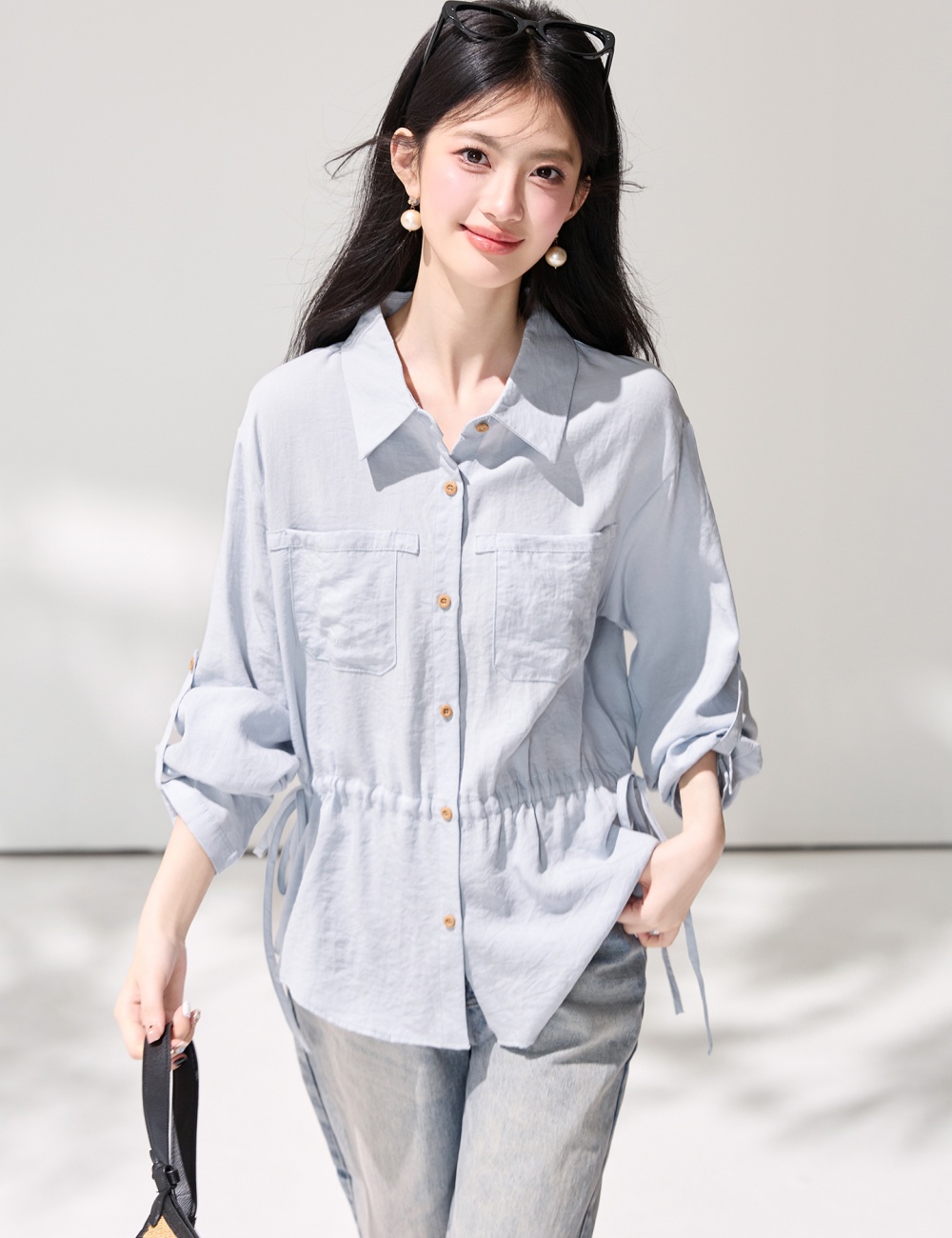 Long sleeve spring shirt temperament pinched waist tops