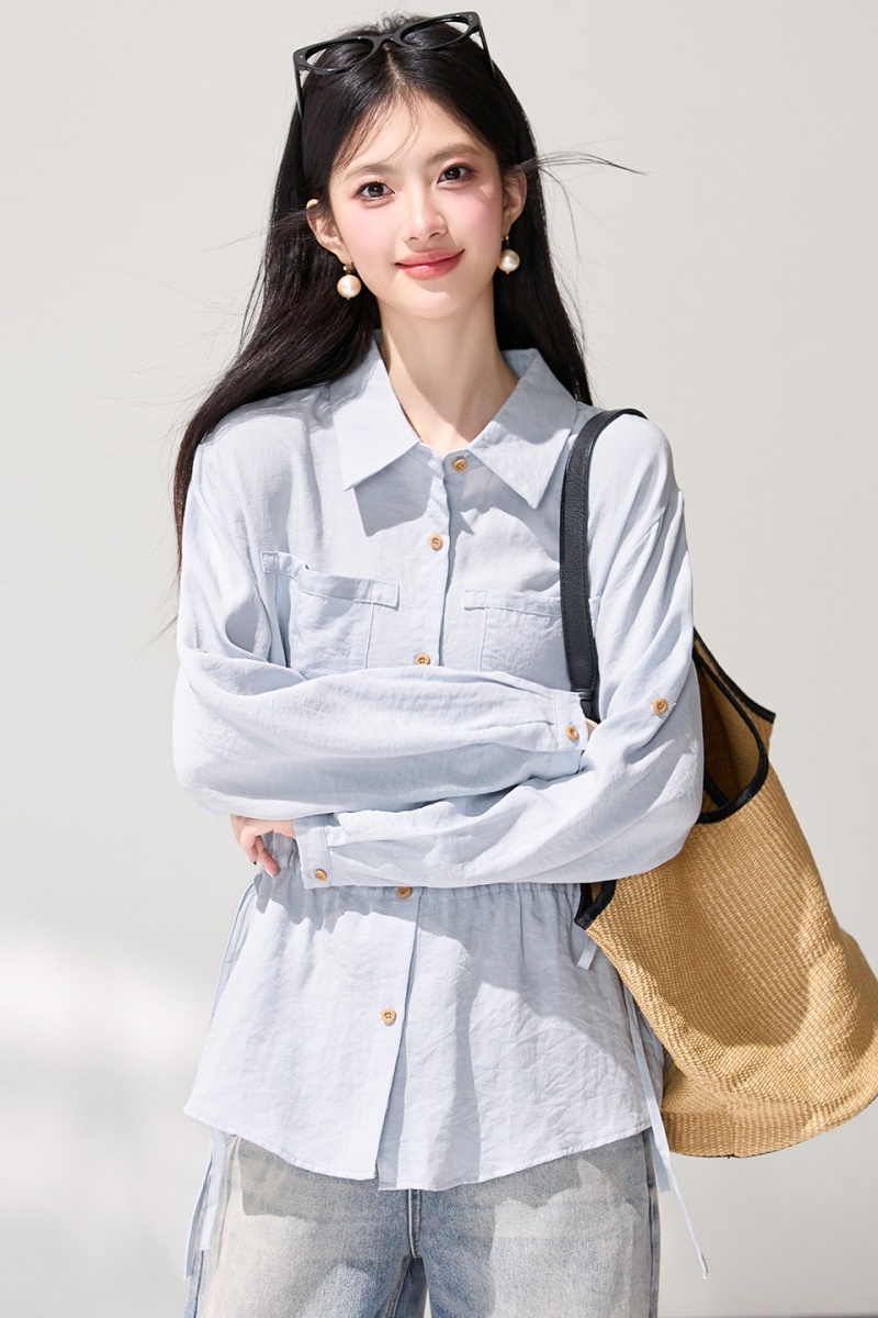 Long sleeve spring shirt temperament pinched waist tops