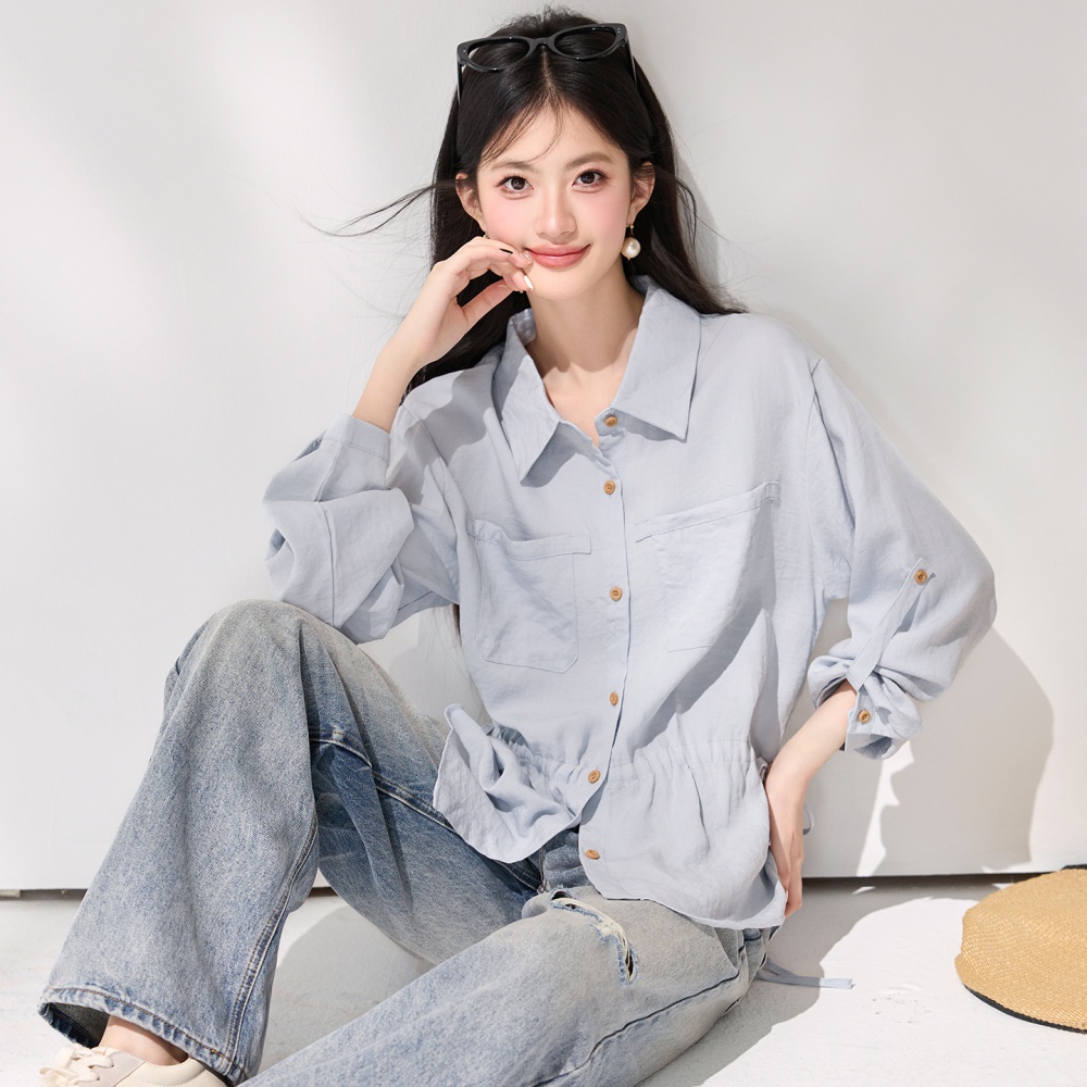 Long sleeve spring shirt temperament pinched waist tops