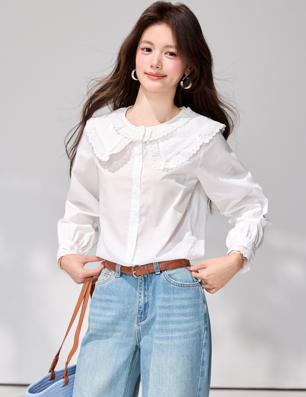 Spring temperament tops lotus leaf edges shirt for women