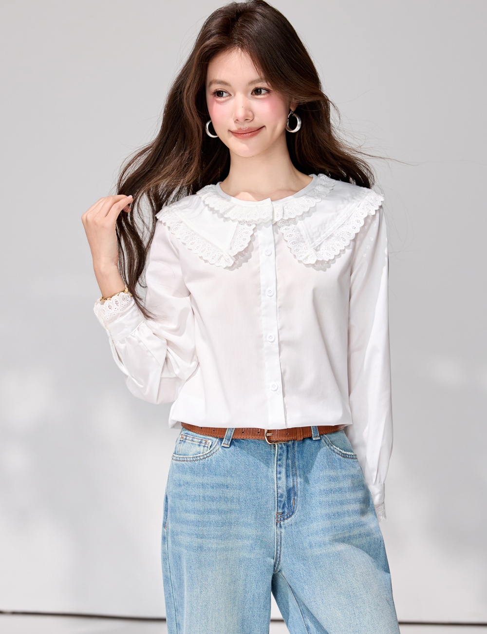 Spring temperament tops lotus leaf edges shirt for women