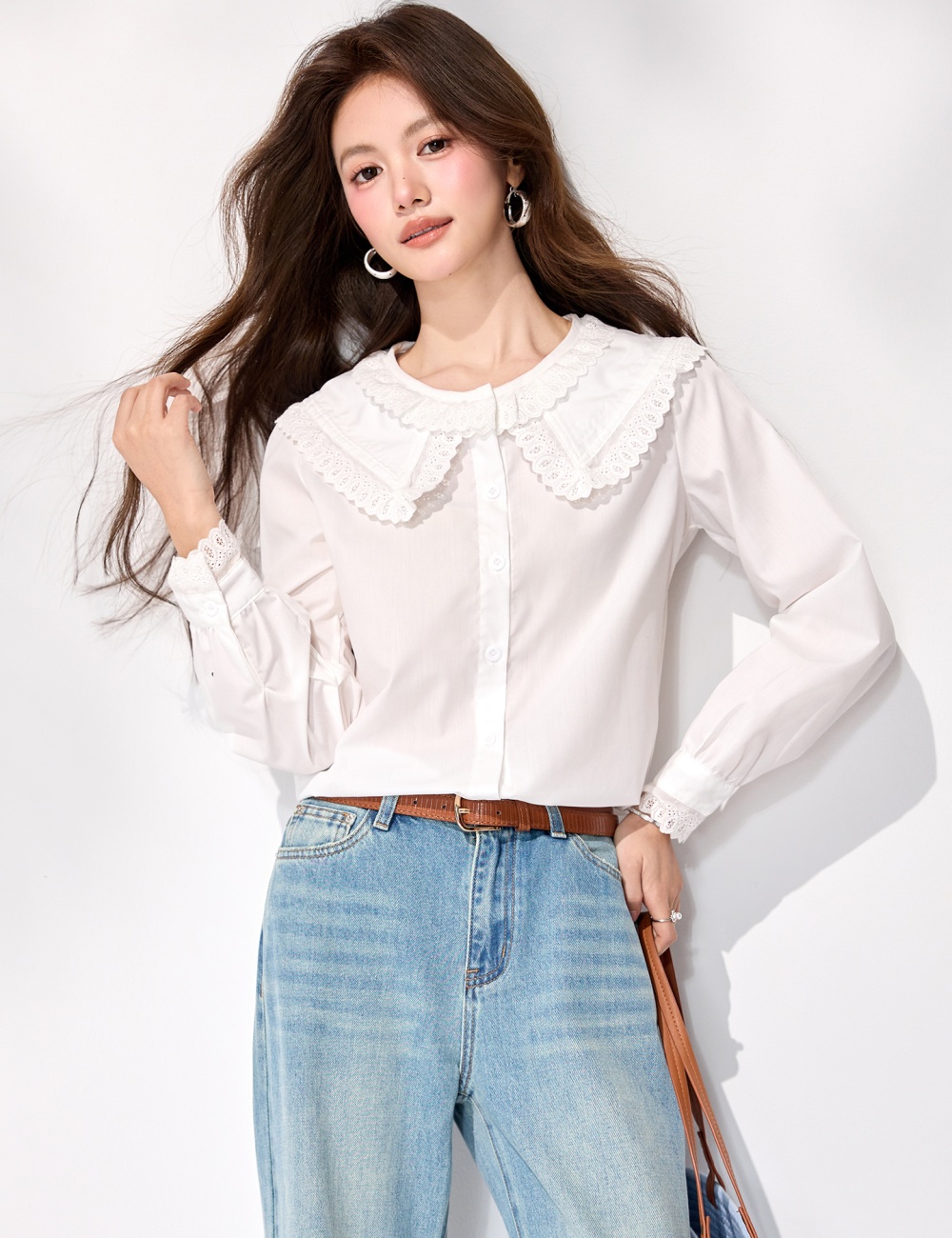 Spring temperament tops lotus leaf edges shirt for women