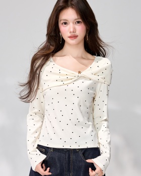 Long sleeve spring commuting tops apricot polka dot T-shirt