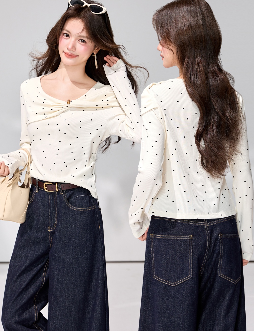 Long sleeve spring commuting tops apricot polka dot T-shirt