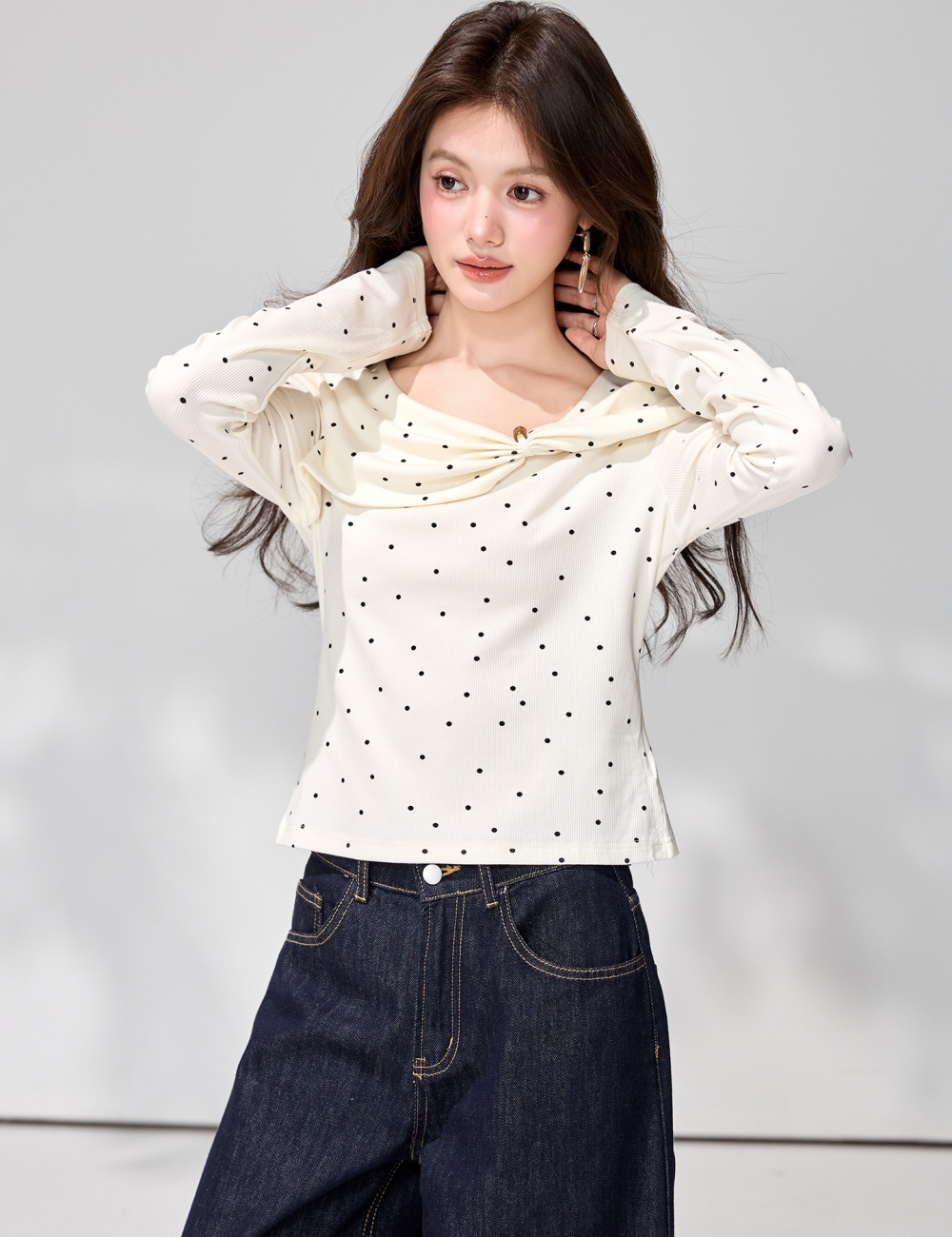 Long sleeve spring commuting tops apricot polka dot T-shirt