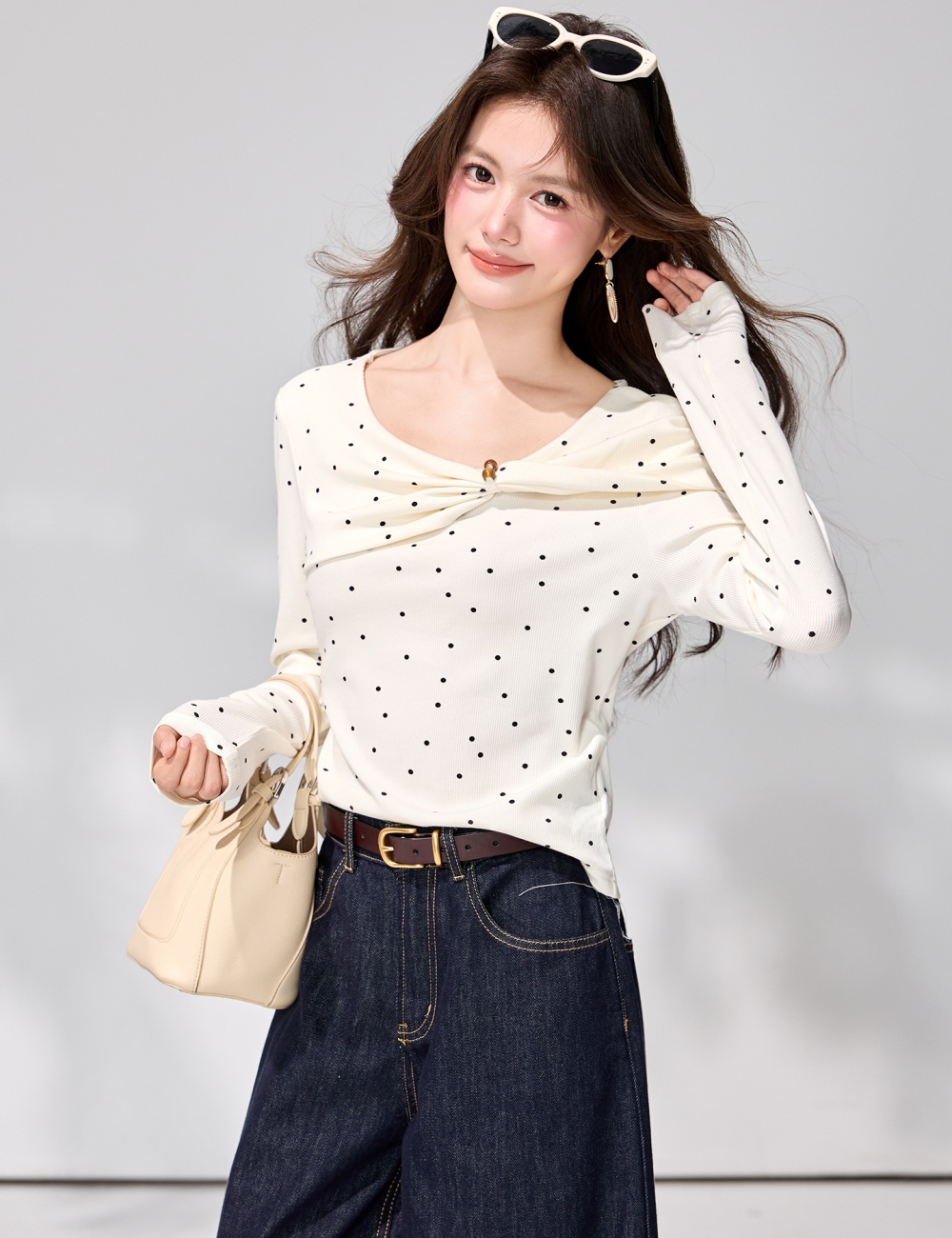 Long sleeve spring commuting tops apricot polka dot T-shirt