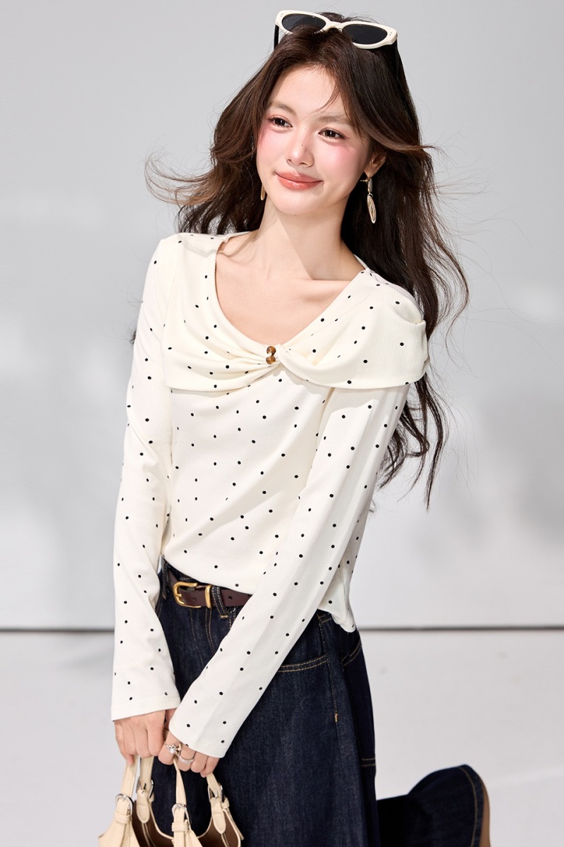 Long sleeve spring commuting tops apricot polka dot T-shirt