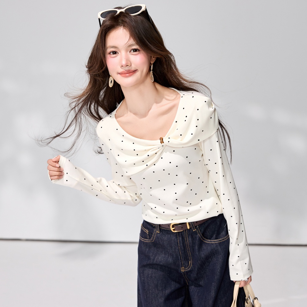 Long sleeve spring commuting tops apricot polka dot T-shirt