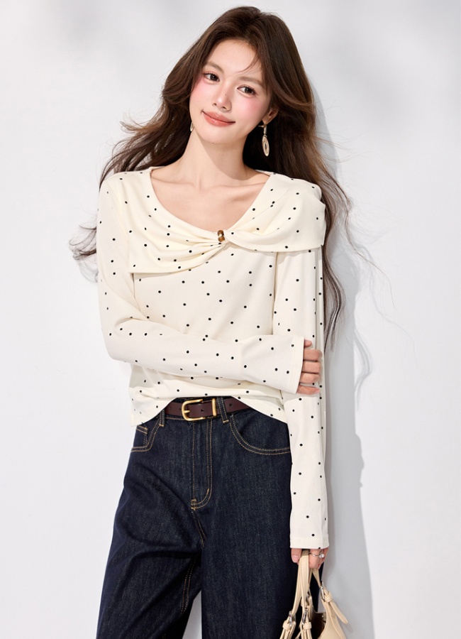 Long sleeve spring commuting tops apricot polka dot T-shirt