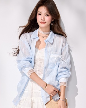 Long sleeve Casual spring loose coat slit lace splice shirt