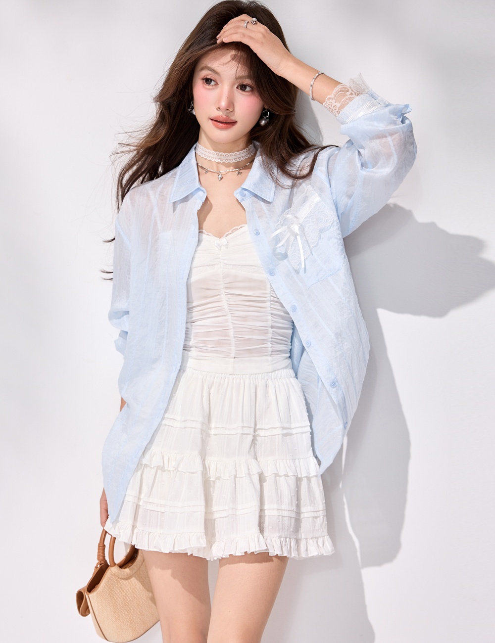 Long sleeve Casual spring loose coat slit lace splice shirt