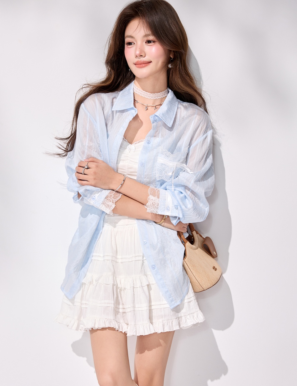 Long sleeve Casual spring loose coat slit lace splice shirt