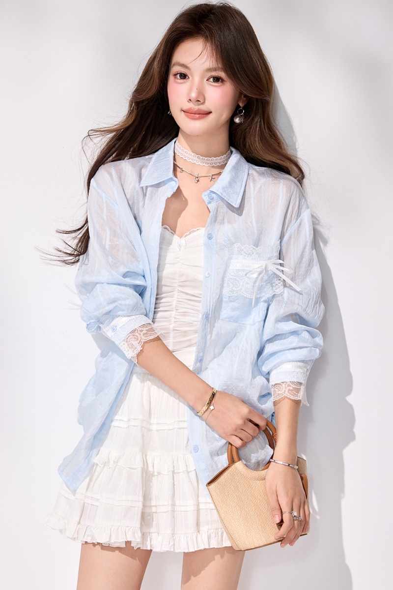 Long sleeve Casual spring loose coat slit lace splice shirt