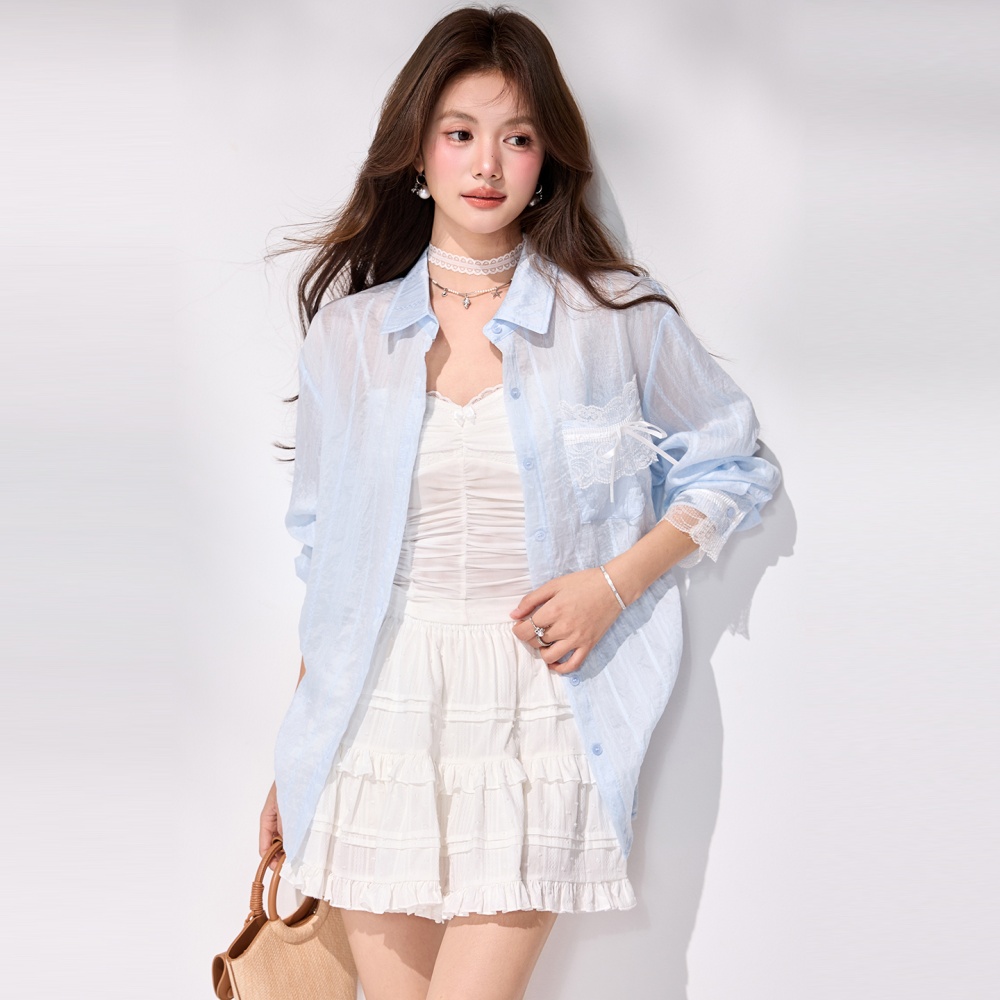 Long sleeve Casual spring loose coat slit lace splice shirt
