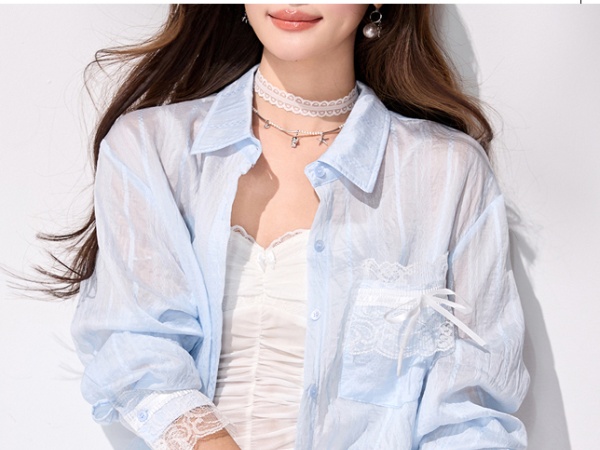 Long sleeve Casual spring loose coat slit lace splice shirt
