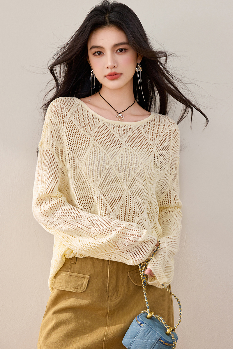 Horizontal collar temperament sweater yellow tops for women