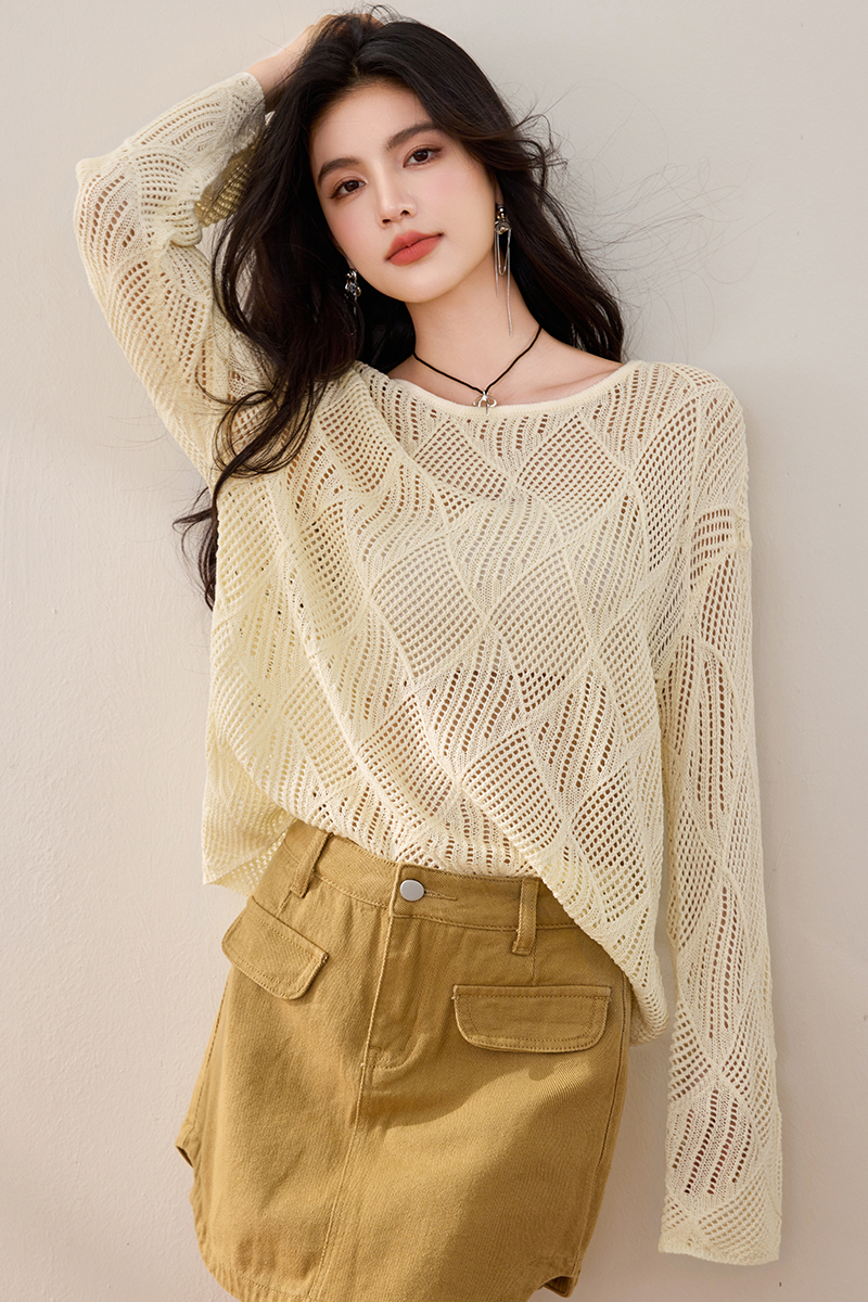Horizontal collar temperament sweater yellow tops for women
